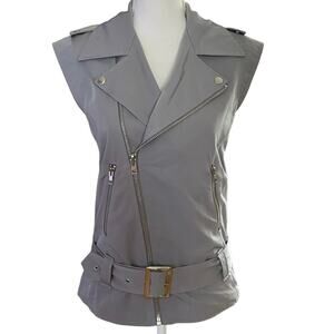 Susana Monaco Size M Lunar Grey Moto Vest Belted Zippers Pockets Zip Up Front